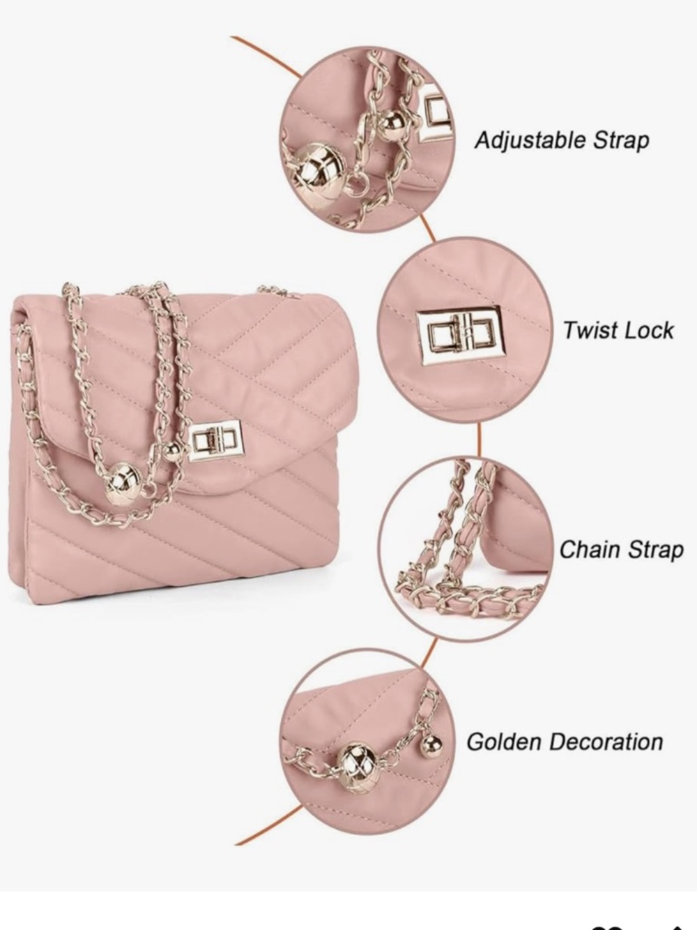 Quilted Crossbody Purse for Women, Small Flap Shoulder Bag w/ Gold Chain Elegant - Picture 8 of 8